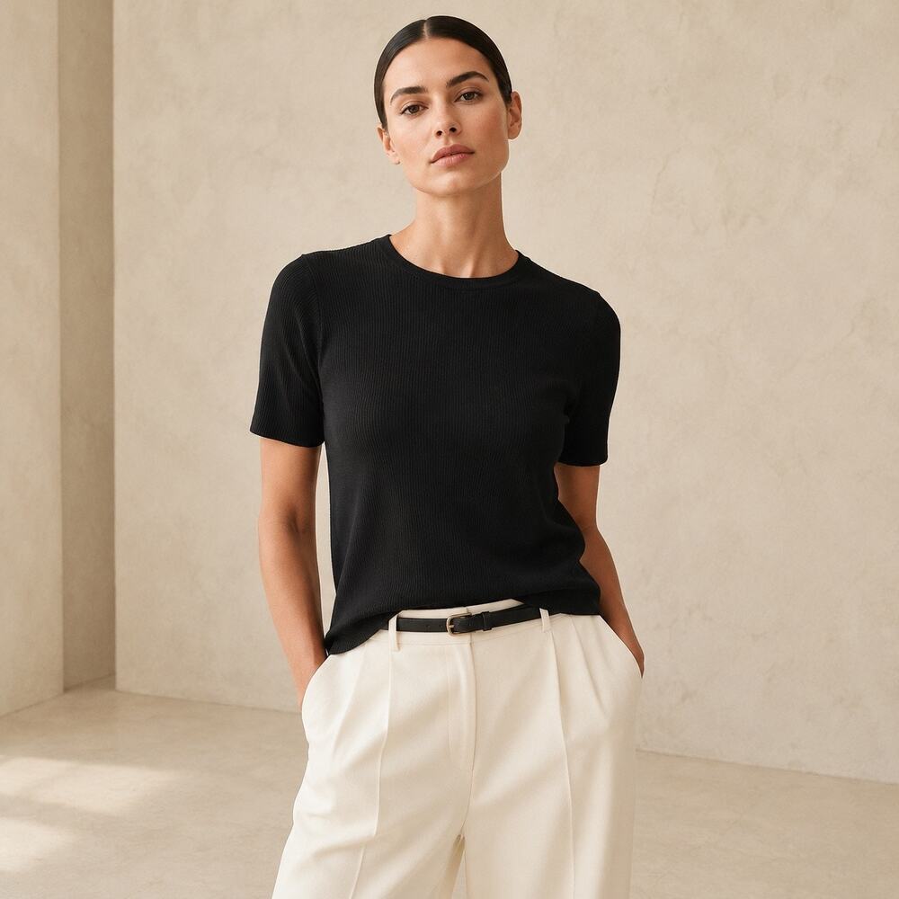90s Minimalist Quiet Luxury Madewell Ribbed Sweater Tee 100% Viscose Black M